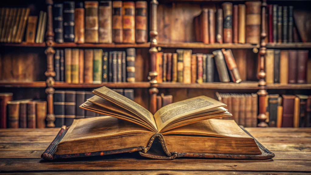 Rayonnages de bibliothèque ancienne avec livres reliés et manuscrits