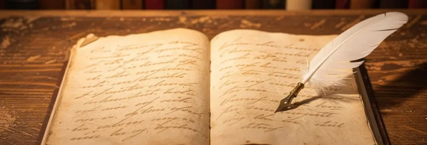 Manuscrit littéraire ancien ouvert sur un bureau en bois, pages jaunies avec calligraphie à l'encre