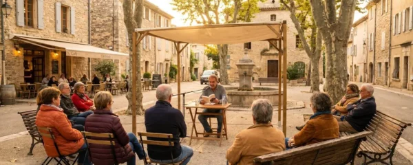 Animation littéraire en plein air dans la place d'un village français avec auteur lisant devant un public assis, architecture traditionnelle en pierre en arrière-plan