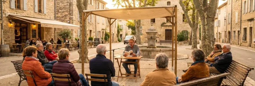 Animation littéraire en plein air dans la place d'un village français avec auteur lisant devant un public assis, architecture traditionnelle en pierre en arrière-plan
