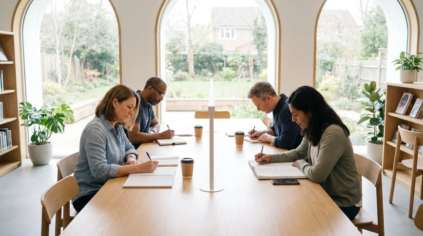 Groupe de participants lors d'un atelier d'écriture collaborative, assis autour de tables avec carnets et stylos dans un espace moderne lumineux